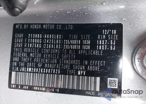 2019 Honda Cr-V Touring z USA, uszkodzony, nr VIN JHLRW2H92KX007825